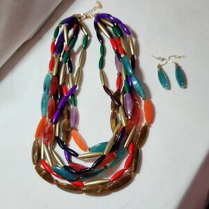 Colorful costume necklace & earrings lightweight fun for vacation VGUC